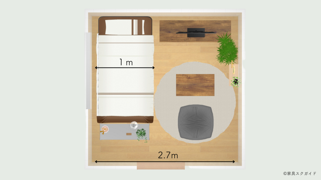４畳半の部屋に実際に家具を置いた際の狭さがわかる図